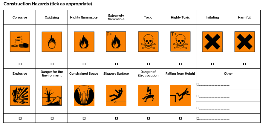 Construction Hazards (tick as appropriate)